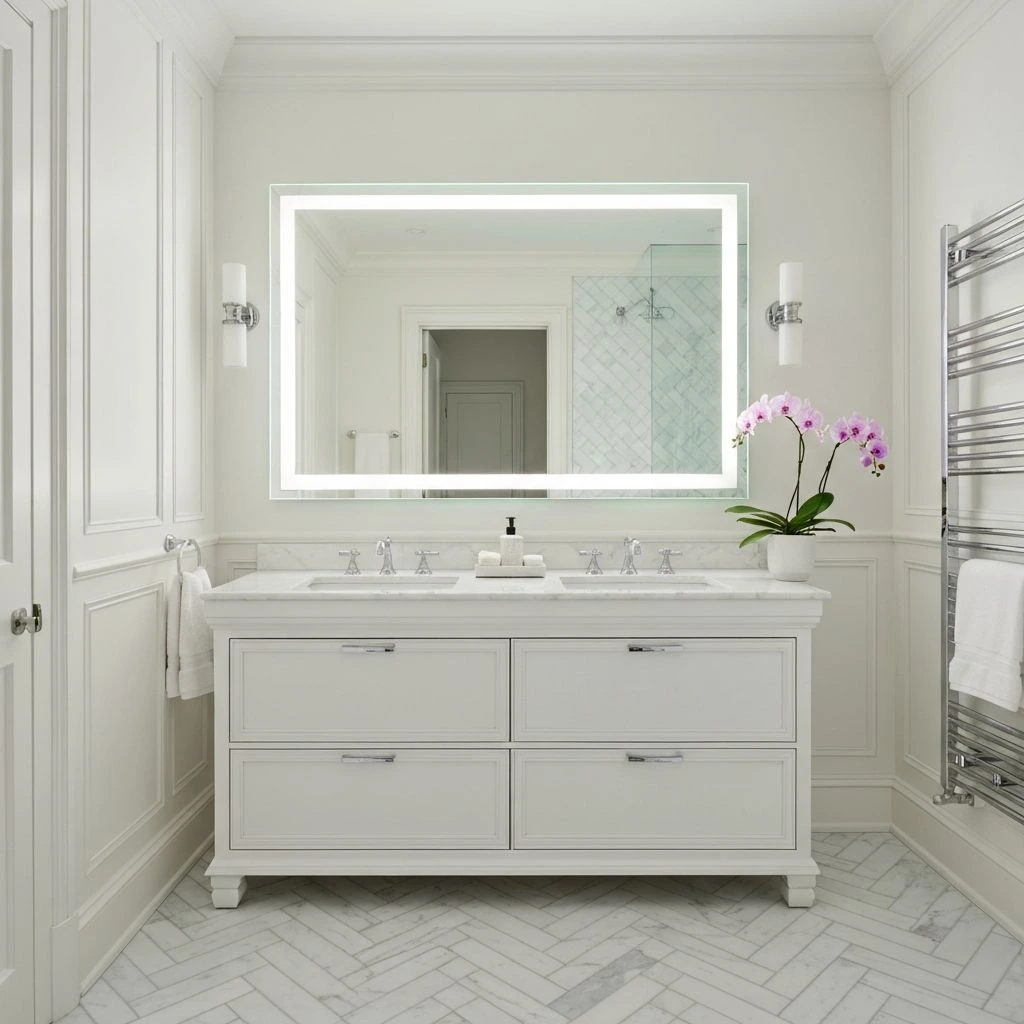 Elegant badrum med dubbla handfat – badrumsrenovering i Sundsvall