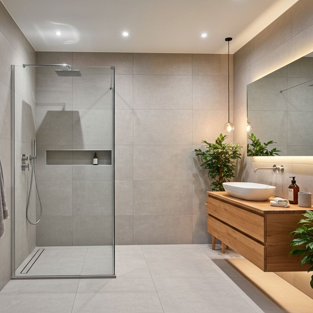 Modern dusch med regndusch och glasvägg